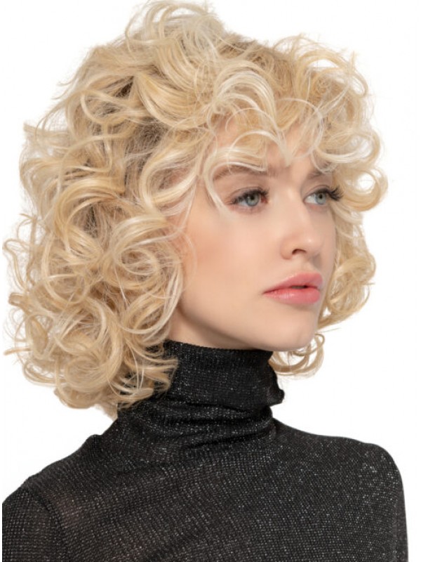Shoulder Length Lace Front Blonde Synthetic Curly Wigs