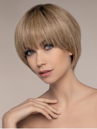 Short Blonde 100% Hand-Tied Straight With Bangs Human Hair Wigs