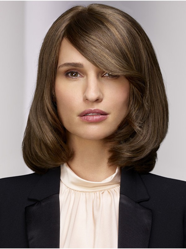 Shoulder Length Monofilament Straight Bobs Brown Real Human Hair Wigs