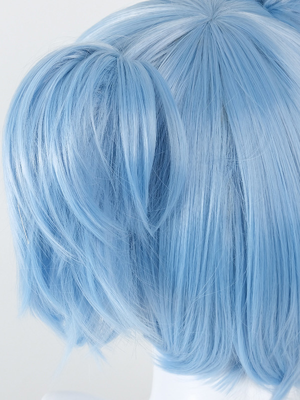 Light Blue Short Straight Capless Cosplay Wigs With Bangs 10 Inches And 2 Ponytails