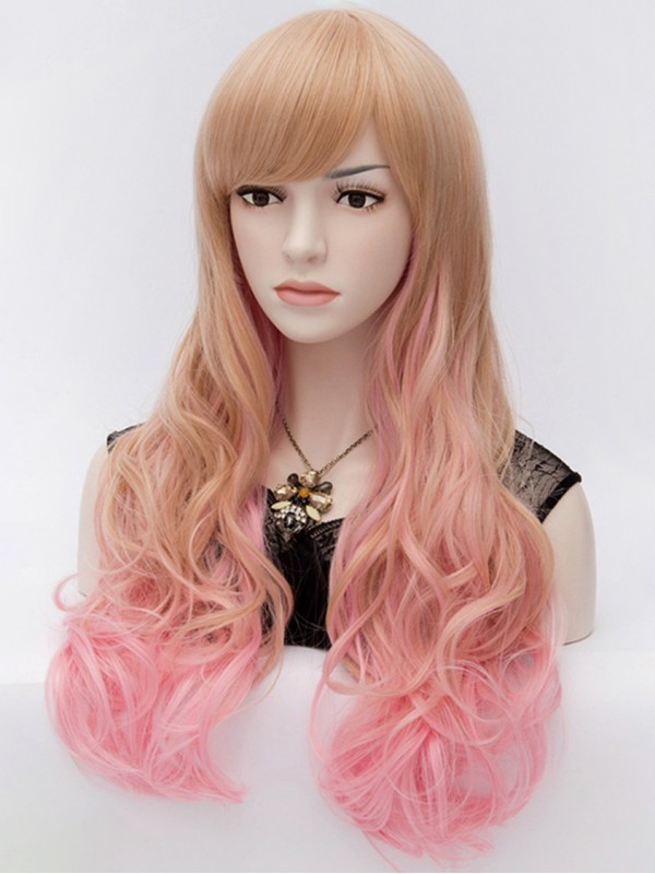 Harajuku Mixed Colored Long Wavy Synthetic Capless Wig With Bangs 28 Inches