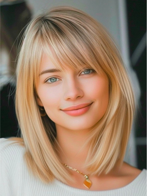 Blonde Wigs With Bangs Chin Length 12" Lace Front Straight Human Hair Wigs