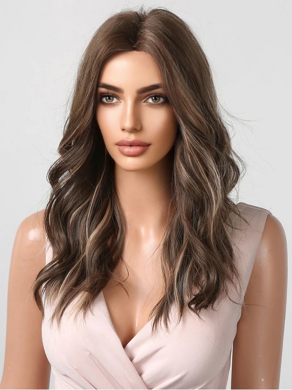 Long Brown With Highlights Wig Wavy Capless Synthetic Wigs For Daily