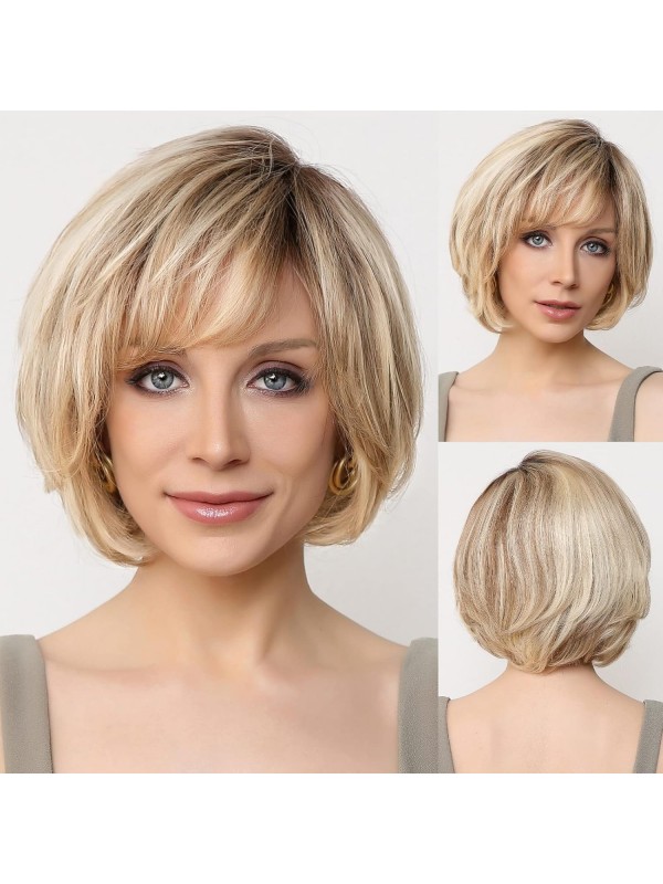 Ladies Wigs Natural Layered Bob Synthetic Wigs With Bangs