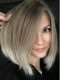 Medium Straight Gray Bobs Lace Front Synthetic Wigs