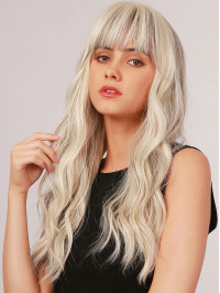 Long Platinum Blonde Wavy Synthetic Wigs With Bangs