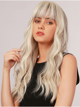 Long Platinum Blonde Wavy Synthetic Wigs With Bang...