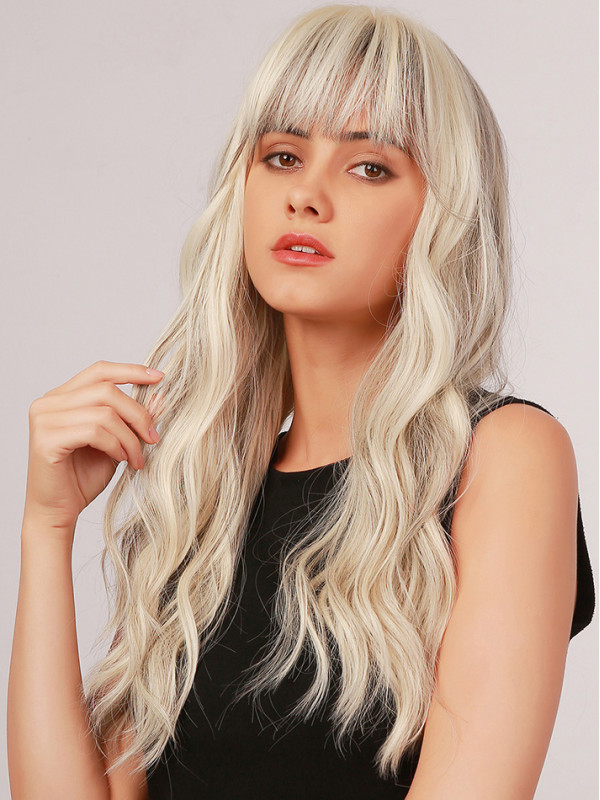 Long Platinum Blonde Wavy Synthetic Wigs With Bangs