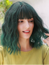 14" Ombre Green Bob Synthetic Wigs With Bangs For Cosplay Halloween Wig