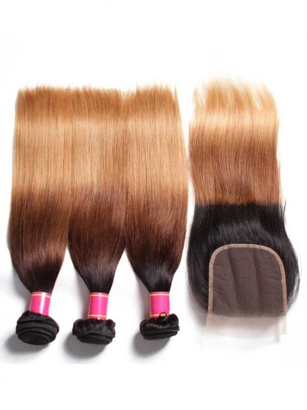 Human Virgin Hair Three Tone Ombre Straight Wave Hair 3 Bundles With Closure