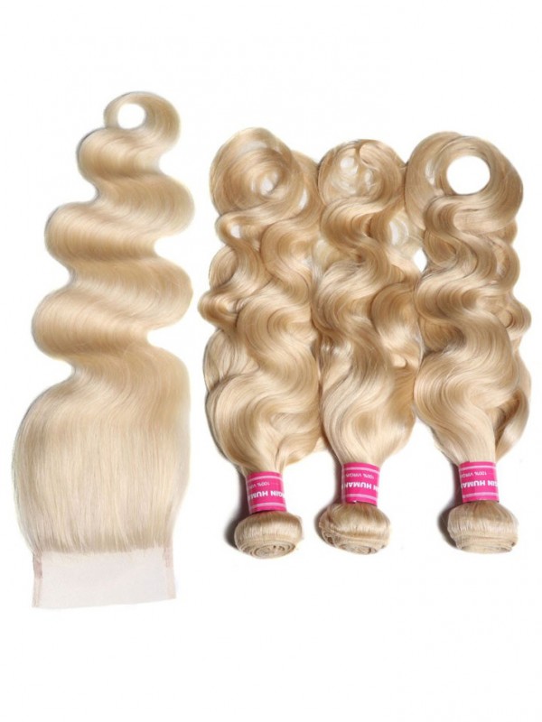 Best Virgin Human Hair 3PCS 613 Blonde Virgin Human Hair Bundles With Lace Closure Body Wave Hair