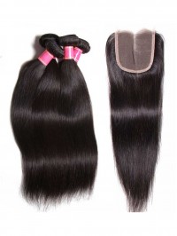 4 Bundles Virgin Straight Human Hair Weave With Lace Frontal Closure