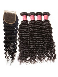 Deep Wave Virgin Hair Weave 4 Bundles With Closure 12in-26in Virgin Hair With 10in-20in Lace Closure