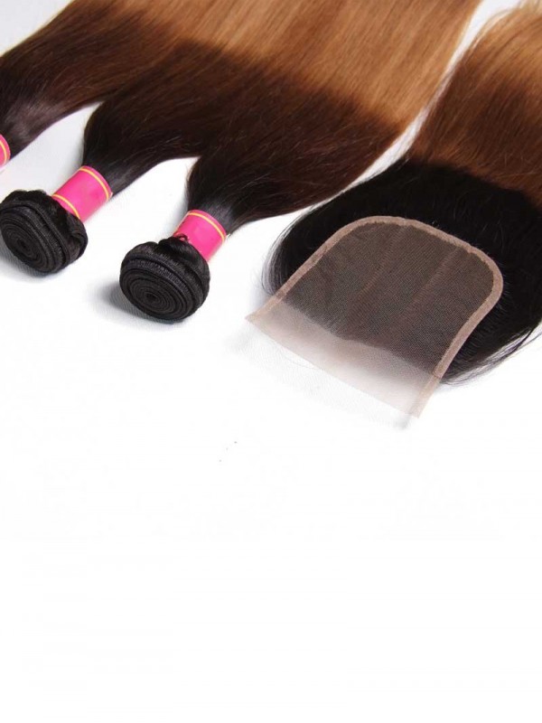 Hair 4 Bundles Hair With ClosureThree Tone Ombre Straight Human Virgin Hair Weaving