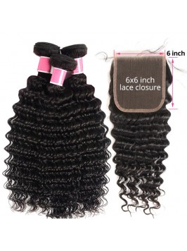 Deep Wave Weave Human Hair 3 Bundles With 6x6 Lace...