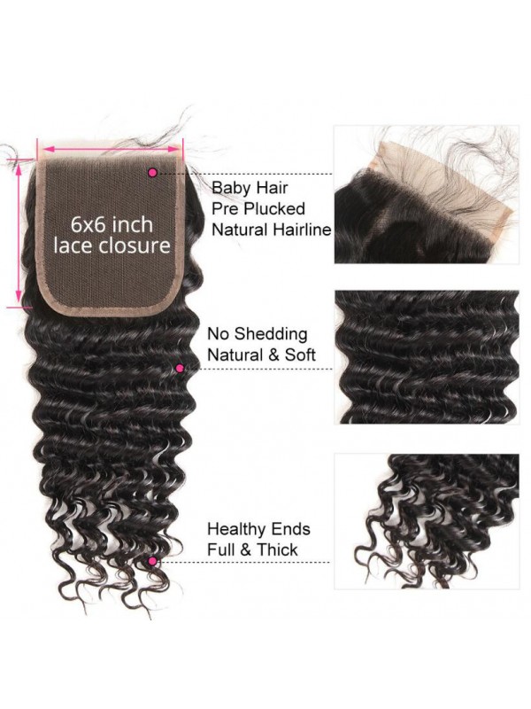 Deep Wave Weave Human Hair 3 Bundles With 6x6 Lace Closure