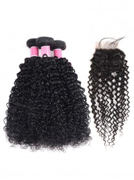 Kinky Curly Hair 3 Bundles With 4*4 Lace Closure S...