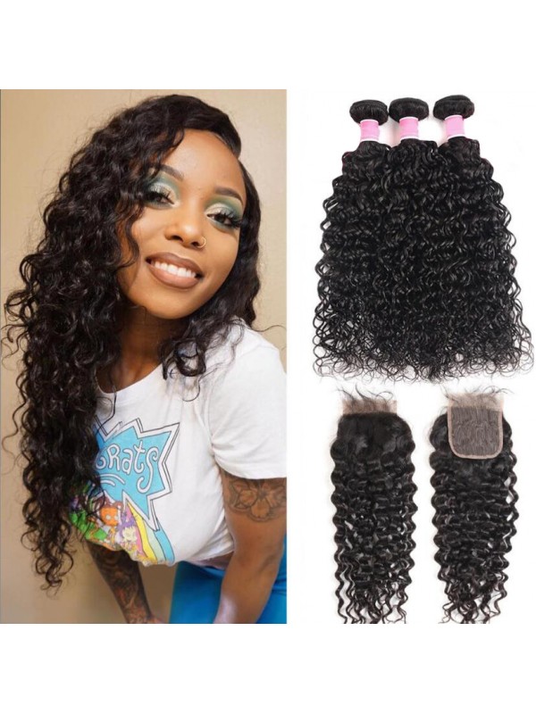 Brazilian Hair 3 Bundles Natural Wave With 4*4 Lace Closure