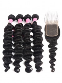 Peruvian Human Hair 4pcs Loose Deep Wave with Lace Closure