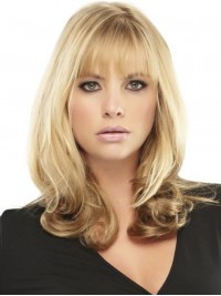 Blonde Capless Wavy Human Hair Wigs With Bangs 20 Inches