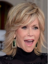 Jane Fonda Fluffy Medium Straight Human Hair Capless Wigs 12 Inches