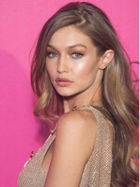 Gigi Hadid Long Wavy Lace Front Remy Human Hair Wigs With Side Bangs 24 Inches