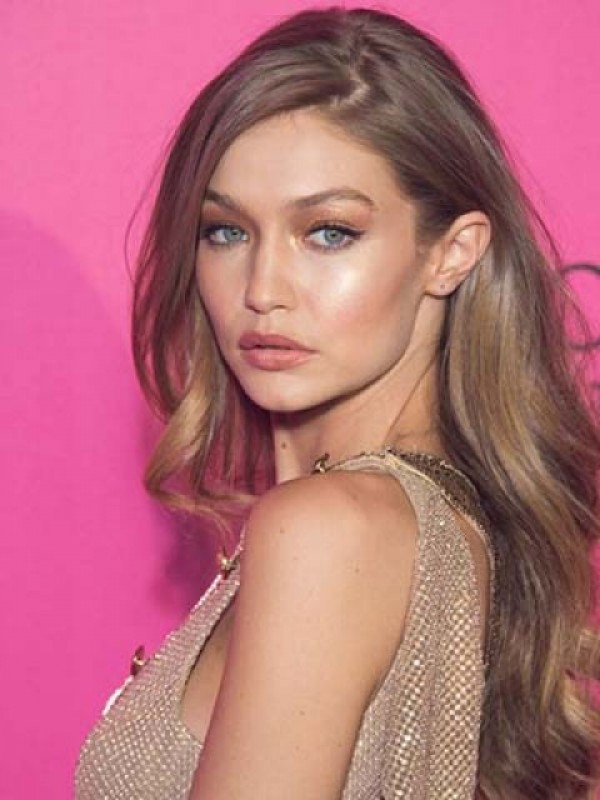 Gigi Hadid Long Wavy Lace Front Remy Human Hair Wigs With Side Bangs 24 Inches