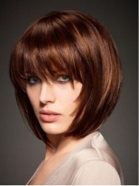 Claret Bob Style Straight Short Capless Remy Human Hair Wigs With Bangs 10 Inches