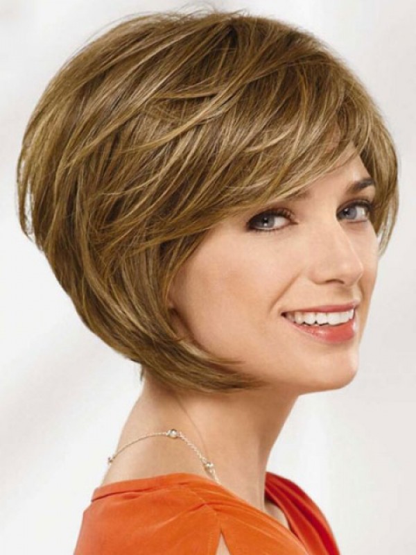 Flaxen Bob Style Short Wavy Remy Human Hair Wig With Bangs 10 Inches