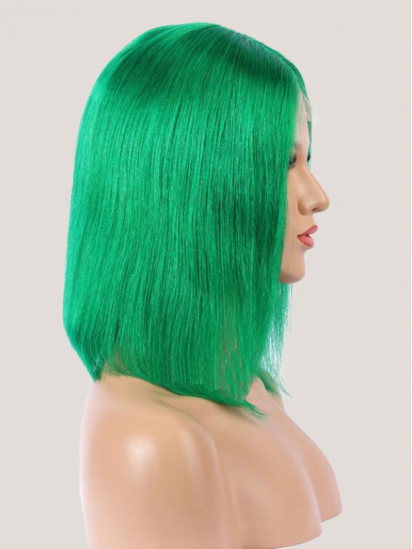 Medium Straight Dark Green Bob Lace Front Human Hair Wigs