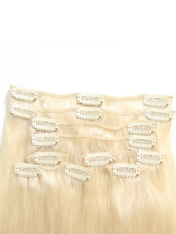 115g Platium Blonde Clip In Hair Cheap Virgin Hair Extensions 8Pcs/set