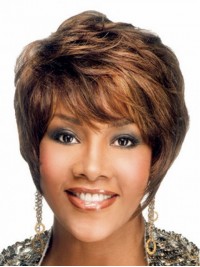 Brown Short Wavy Capless Human Hair Wigs With Bangs 8 Inches