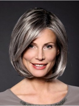 Capless Gray Medium Straight Synthetic Wigs 12 Inc...