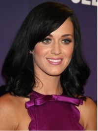 Katy Perry Long Wavy Monofilament Human Hair Wigs With Side Bangs