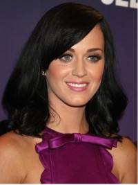 Katy Perry Long Wavy Monofilament Human Hair Wigs With Side Bangs