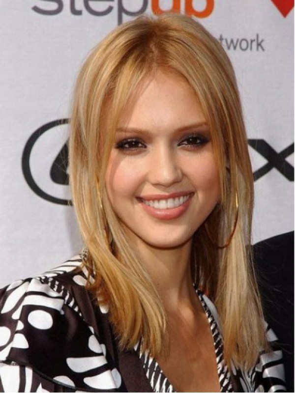 Jessica Alba Blonde Medium Straight Central Parting Full Lace Human Hair Wigs