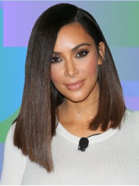 Kim Kardashian Straight Medium Lace Front Human Hair Wigs With Side Bangs