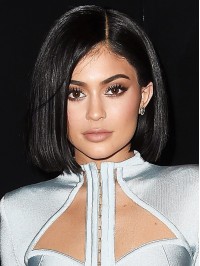 Kylie Jenner Black Short Straight Bob Style Lace Front Human Hair Wigs With Side Bangs