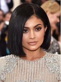 Kylie Jenner Black Short Straight Bob Style Lace Front Human Hair Wig With Side Bangs
